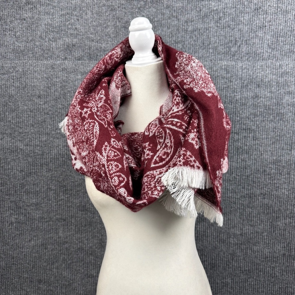 Wool Blend Paisley Wrap Shawl Scarf Preppy Cozy Maroon Burgundy - Picture 6 of 11
